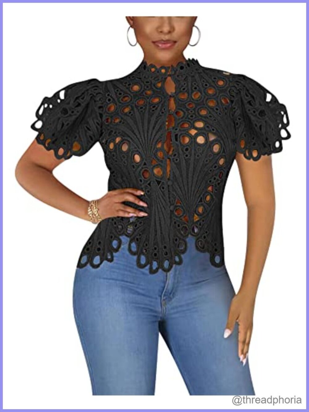 Women's Lace Ruffle Puff Sleeve Button Down Top